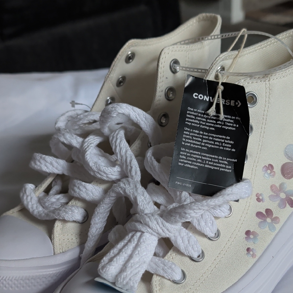 Converse High Top Sneakers in Cream with Pink & Purple Floral Accents